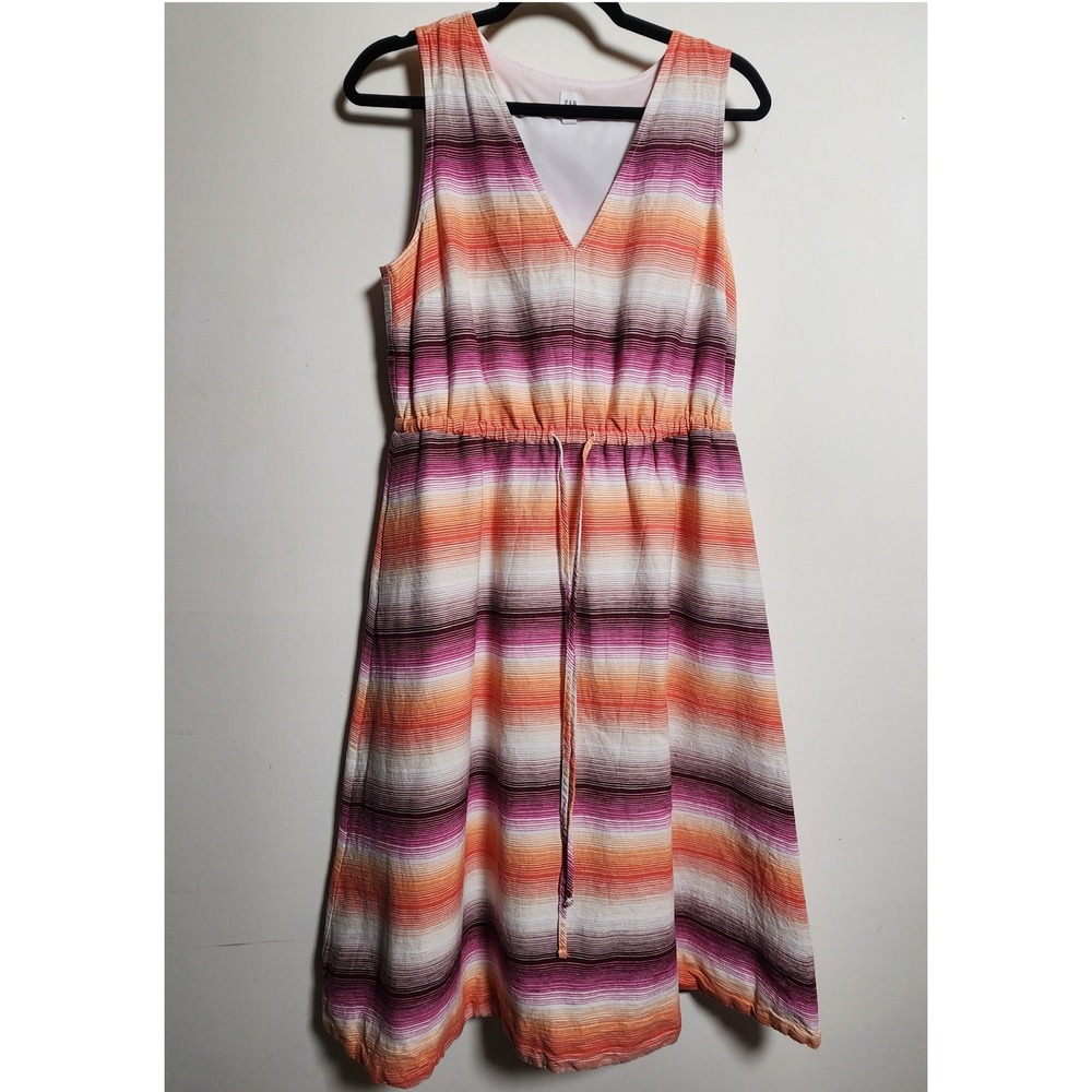 Gap Women's Linen Cotton Midi Dress Sz 8 Sleeveless V-Neck Pink Ombre Pockets